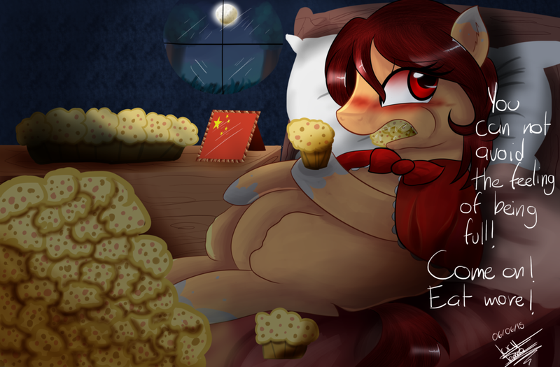 Size: 1024x672 | Tagged: questionable, artist:scarlett-letter, derpibooru import, pony, china flag, fat, female, food, gluttony, mare, muffin, obesity, solo, solo female, weight gain