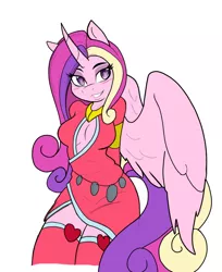 Size: 712x872 | Tagged: suggestive, artist:3xlneet, artist:ambris, color edit, derpibooru import, edit, princess cadance, anthro, blushing, colored, colored pupils, female, heart eyes, looking at you, smiling, solo, solo female, wingding eyes, wings