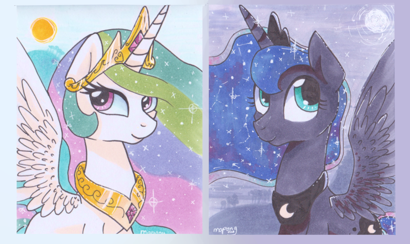 Size: 899x535 | Tagged: artist:mapony240, derpibooru import, princess celestia, princess luna, safe, spread wings, traditional art