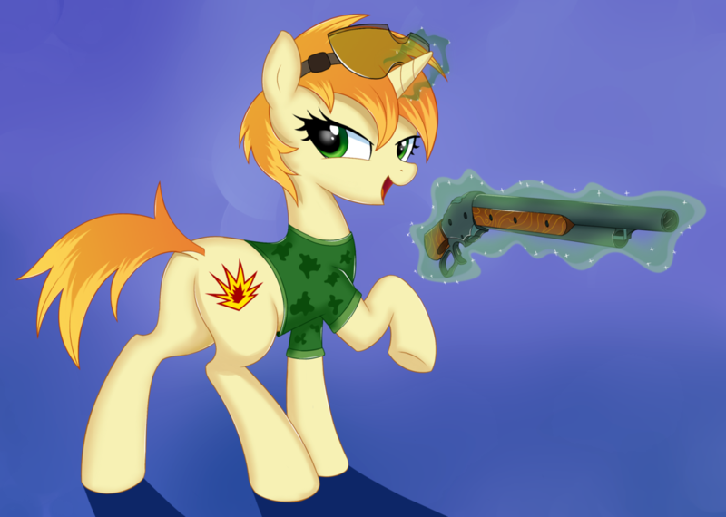 Size: 1059x754 | Tagged: safe, artist:kas92, derpibooru import, oc, oc:high impact, unofficial characters only, pony, clothes, female, goggles, gun, m1887, mare, plot, sexy, shotgun, solo, tanktop, weapon, winchester model 1887