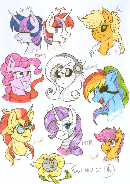 Size: 1024x1442 | Tagged: safe, artist:rosegloom, derpibooru import, applejack, discord, fluttershy, moondancer, pinkie pie, rainbow dash, rarity, scootaloo, sunset shimmer, twilight sparkle, pony, alphys, crossover, eyepatch, flowey, floweycord, mettaton, monster kid, monster kidaloo, napstablook, papyrus (undertale), rainbowdyne, rariton, sans (undertale), twilight friskle, undertale, undyne