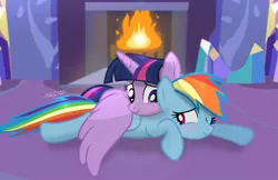 Size: 3033x1970 | Tagged: safe, artist:shutterflyeqd, derpibooru import, rainbow dash, twilight sparkle, twilight sparkle (alicorn), alicorn, pony, blushing, cuddling, cute, dashabetes, female, fireplace, hug, lesbian, one eye closed, shipping, snuggling, twiabetes, twidash, twilight's castle, wing blanket, winghug