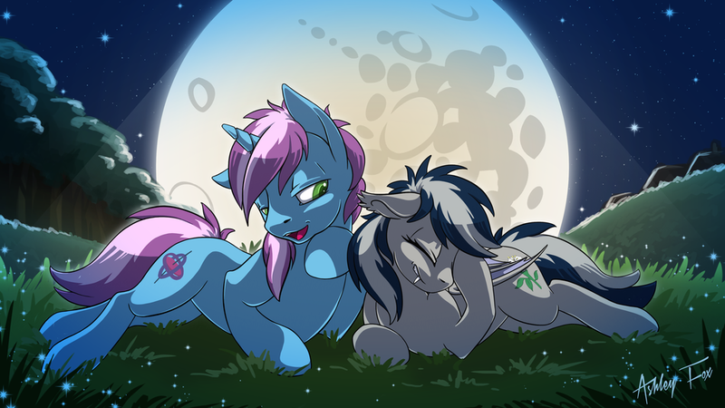 Size: 1024x576 | Tagged: safe, alternate version, artist:arctic-fox, derpibooru import, oc, oc:daturea eventide, oc:gyro tech, unofficial characters only, bat pony, pony, unicorn, bat pony oc, facehoof, female, grass, gyrotide, lying down, male, mare in the moon, moon, oc x oc, prone, shipping, sploot, straight