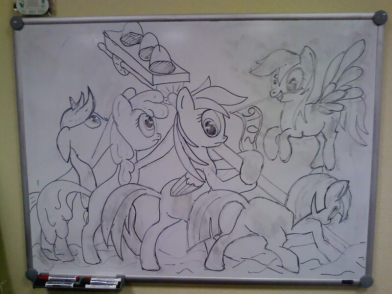 Size: 2048x1536 | Tagged: artist needed, safe, derpibooru import, applejack, berry punch, berryshine, derpy hooves, rainbow dash, twilight sparkle, pegasus, pony, female, irl, iwo jima, mare, monochrome, parody, photo, russian, traditional art, traffic light, whiteboard