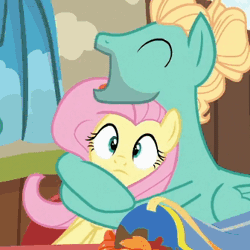 Size: 336x336 | Tagged: safe, derpibooru import, screencap, fluttershy, zephyr breeze, pony, flutter brutter, animated, brother and sister, cute, fluttershy is not amused, hug, siblings, zephyrbetes