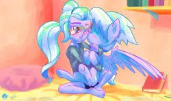 Size: 1920x1136 | Tagged: safe, artist:halem1991, derpibooru import, cloudchaser, sugarcoat, pegasus, pony, equestria girls, friendship games, :<, :i, barefoot, bed, blushing, clothes, cuddling, cute, eyes closed, feet, female, glasses, halem1991 is trying to murder us, holding a pony, hoodie, hug, interlocked toes, lidded eyes, mare, nose wrinkle, nuzzling, one eye closed, shorts, signature, sitting, smiling, spread wings, squishy cheeks, toes, unamused, underhoof, wink
