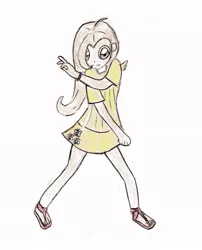 Size: 844x1043 | Tagged: source needed, safe, artist:foxy1219, derpibooru import, fluttershy, human, clothes, feet, humanized, image, jpeg, sandals, skirt, solo, traditional art