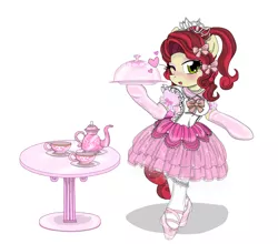Size: 2500x2200 | Tagged: safe, artist:avchonline, derpibooru import, cherry jubilee, pony, ballet slippers, bipedal, blushing, bow, canterlot royal ballet academy, clothes, dress, evening gloves, frilly dress, gloves, hair bow, heart, jewelry, lace, makeup, necklace, pearl necklace, pinafore, puffy sleeves, solo, stockings, table, teacup, teapot, tiara, tutu, wink