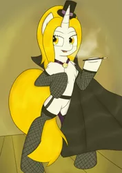 Size: 2893x4092 | Tagged: suggestive, artist:sojek, derpibooru import, oc, oc:noti chaos, unofficial characters only, pony, unicorn, blonde, cape, chest fluff, cigarette, clothes, cylinder, female, fishnets, floor, lingerie, mare, mysterious, orange eyes, smoking, solo, tumblr, wall