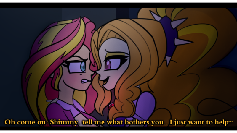 Size: 1024x576 | Tagged: safe, artist:wubcakeva, derpibooru import, adagio dazzle, sunset shimmer, equestria girls, subtitles