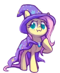 Size: 848x1022 | Tagged: safe, artist:dawnfire, derpibooru import, fluttershy, trixie, pony, unicorn, accessory swap, blushing, clothes, colored pupils, cosplay, costume, female, hat, mare, scrunchy face, simple background, solo, the great and powerful, transparent background, trixie's cape, trixie's hat, wizard hat