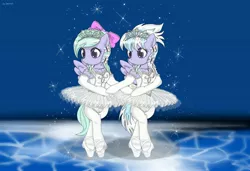 Size: 3500x2400 | Tagged: safe, artist:avchonline, derpibooru import, cloudchaser, flitter, butterfly, pony, ballerina, ballet, ballet slippers, bipedal, bow, canterlot royal ballet academy, clothes, dancing, dress, evening gloves, frilly dress, gloves, hair bow, sparkles, swan lake, tiara, tights, tutu