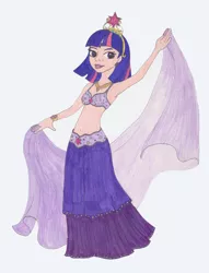 Size: 900x1177 | Tagged: armpits, artist:zellykat, belly button, belly dancer, belly dancer outfit, crown, derpibooru import, ear piercing, human, humanized, jewelry, midriff, piercing, regalia, safe, solo, traditional art, twilight sparkle