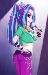 Size: 660x1030 | Tagged: safe, artist:ta-na, derpibooru import, aria blaze, equestria girls, clothes, female, hand on hip, looking at you, looking back, looking back at you, microphone, open mouth, pants, solo