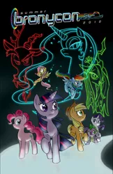 Size: 1650x2550 | Tagged: safe, artist:chibi-jen-hen, derpibooru import, applejack, discord, fluttershy, nightmare moon, pinkie pie, queen chrysalis, rainbow dash, rarity, spike, twilight sparkle, alicorn, changeling, draconequus, earth pony, pegasus, pony, unicorn, 2012, black background, convention art, convention:bronycon, convention:bronycon summer 2012, female, male, mane seven, mane six, mare, poster, simple background