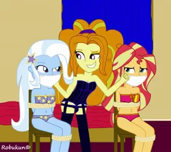 Size: 1024x914 | Tagged: suggestive, artist:robukun, derpibooru import, adagio dazzle, sunset shimmer, trixie, equestria girls, a-domme-gio, bondage, bra, breasts, clothes, corset, dominatrix, femsub, gag, kidnapped, microfoam tape, panties, submissive, subset, tape gag, the weak and powerless trixie, underwear