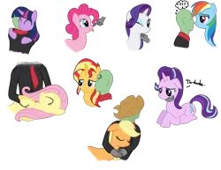 Size: 1831x1415 | Tagged: safe, artist:zharkaer, derpibooru import, applejack, fluttershy, pinkie pie, rainbow dash, rarity, starlight glimmer, sunset shimmer, twilight sparkle, twilight sparkle (alicorn), oc, oc:anon, alicorn, human, pony, :p, accessory swap, applejack's hat, bedroom eyes, bellyrubs, blushing, boop, chin scratch, comforting, confused, cowboy hat, crying, cuddling, cute, disembodied hand, eye contact, eyes closed, floppy ears, hand, hat, horses doing horse things, hug, human on pony snuggling, kiss on the cheek, kissing, nose wrinkle, nuzzling, on back, petting, prone, question mark, sad, scrunchy face, simple background, sleeping, smiling, snuggling, thought bubble, tongue out, transparent background, wink