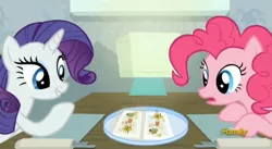 Size: 1629x893 | Tagged: safe, derpibooru import, screencap, pinkie pie, rarity, pony, spice up your life, discovery family logo, rarity looking at food