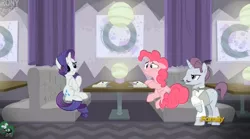 Size: 2515x1399 | Tagged: safe, derpibooru import, screencap, pinkie pie, rarity, pony, spice up your life, discovery family logo, waiter