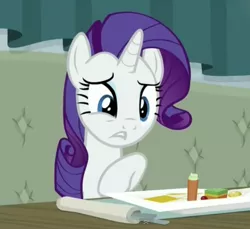 Size: 426x390 | Tagged: safe, derpibooru import, screencap, rarity, pony, spice up your life, rarity looking at food, solo