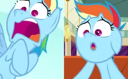 Size: 894x555 | Tagged: safe, derpibooru import, screencap, rainbow dash, pony, no second prances, the saddle row review, rainbow dash is best facemaker, shocked