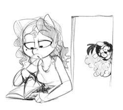 Size: 809x726 | Tagged: anthro, artist:whydomenhavenipples, beauty mark, book, clothes, derpibooru import, food, giggling, goggles, gum, monochrome, oc, oc:floof, oc:nikita, oc:phoebe, reading, safe, sketch, unofficial characters only