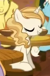 Size: 207x315 | Tagged: safe, derpibooru import, screencap, parasol, serena, sweet biscuit, pony, spice up your life, flan, food, pudding