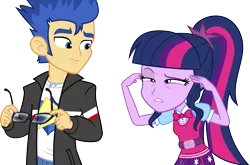 Size: 2562x1692 | Tagged: safe, artist:shabrina025, derpibooru import, flash sentry, sci-twi, twilight sparkle, equestria girls, friendship games, alternate costumes, alternate hairstyle, female, flashlight, glasses, humanized, male, sciflash, shipping, straight