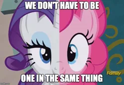 Size: 685x474 | Tagged: safe, derpibooru import, edit, edited screencap, screencap, pinkie pie, rarity, equestria girls, rainbow rocks, spice up your life, battle of the bands, discovery family logo, image macro, meme, song reference, split screen