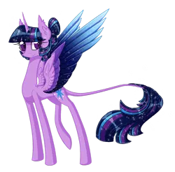 Size: 1024x1007 | Tagged: safe, artist:australian-senior, derpibooru import, twilight sparkle, twilight sparkle (alicorn), oc, oc:twilight invictus, alicorn, dracony, hybrid, pony, kirindos, alternate color palette, alternate hairstyle, alternate universe, colored wings, ear fluff, hair bun, leonine tail, long legs, long neck, neck fluff, portal (valve), simple background, solo, spread wings, transparent background