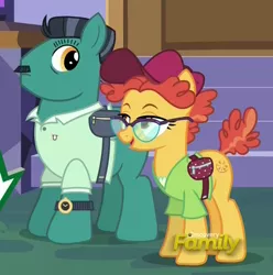 Size: 722x729 | Tagged: safe, derpibooru import, screencap, chargrill breadwinner, orange slice, pony, spice up your life, clothes, discovery family logo, fanny pack, shirt, watch, wristwatch