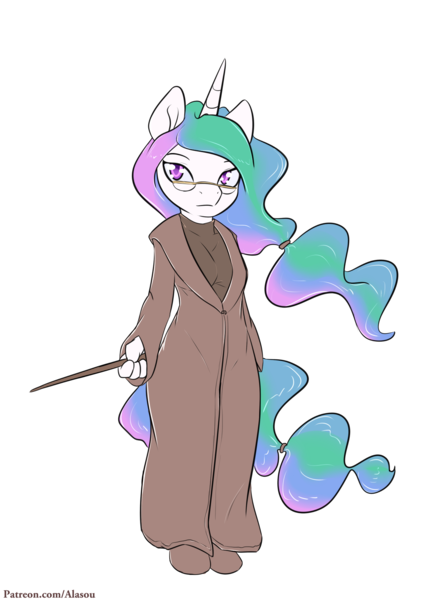 Size: 1250x1750 | Tagged: albus dumbledore, anthro, artist:alasou, clothes, derpibooru import, glasses, harry potter, princess celestia, robe, safe, simple background, solo, transparent background, wand