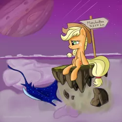 Size: 1024x1024 | Tagged: safe, artist:chaosmalefic, derpibooru import, applejack, earth pony, pony, female, floating island, great red spot, jupiter, manta ray, mare, planet, solo, surreal