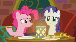 Size: 858x482 | Tagged: safe, derpibooru import, screencap, pinkie pie, rarity, pony, spice up your life, :o, animated, discovery family logo, feeding, food, rarity looking at food, the tasty treat