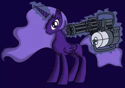 Size: 762x536 | Tagged: safe, artist:yifle1, derpibooru import, oc, oc:lacunae, unofficial characters only, alicorn, pony, fallout equestria, fallout equestria: project horizons, fanfic, artificial alicorn, fanfic art, female, glowing horn, gun, hooves, horn, levitation, magic, mare, minigun, purple alicorn (fo:e), simple background, solo, telekinesis, weapon, wings