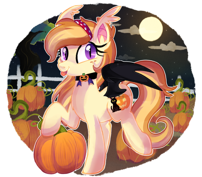 Size: 1600x1400 | Tagged: safe, artist:spookyle, derpibooru import, oc, oc:pumpkin patch, unofficial characters only, bat pony, pony, cloud, collar, ear fluff, fangs, fence, food, full moon, looking at you, looking back, moon, night, night sky, pumpkin, solo, spread wings, stars, tongue out, tree