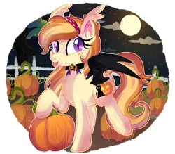 Size: 1600x1400 | Tagged: safe, artist:spookyle, derpibooru import, oc, oc:pumpkin patch, unofficial characters only, bat pony, pony, cloud, collar, ear fluff, fangs, fence, food, full moon, looking at you, looking back, moon, night, night sky, pumpkin, solo, spread wings, stars, tongue out, tree