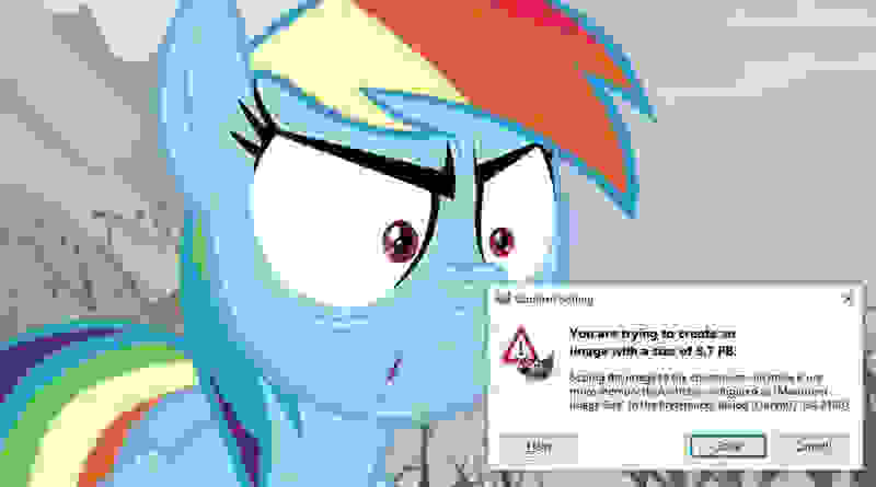 Size: 20000x11113 | Tagged: safe, derpibooru import, edit, screencap, rainbow dash, pony, tanks for the memories, absurd resolution, angry, dangerously high res, do i look angry, error message, gimp, needs more jpeg, scaling warning message, too big, windows, windows 10
