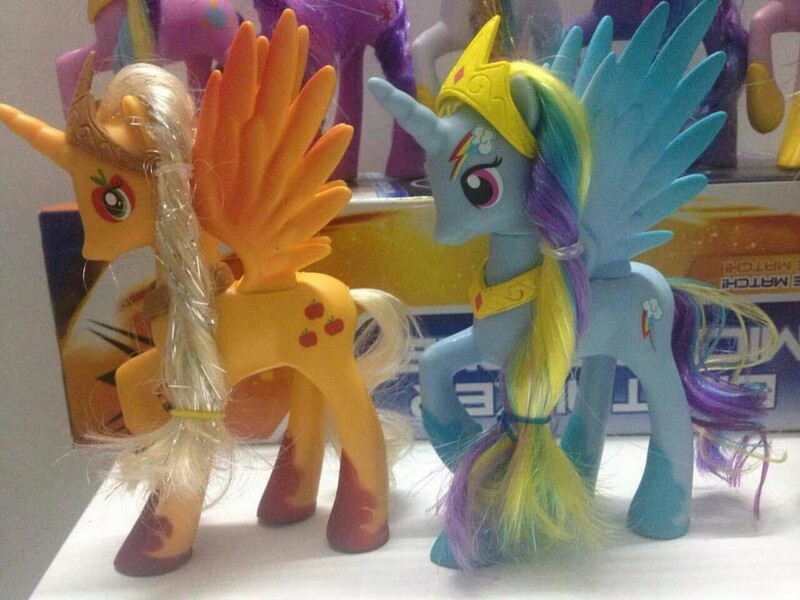 Size: 1000x750 | Tagged: safe, derpibooru import, applejack, rainbow dash, alicorn, pony, alicornified, applecorn, bootleg, brushable, custom, irl, photo, race swap, rainbowcorn, toy