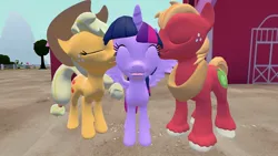 Size: 1360x768 | Tagged: safe, artist:mk513, derpibooru import, applejack, big macintosh, twilight sparkle, twilight sparkle (alicorn), alicorn, pony, 3d, bisexual, female, gmod, kiss on the cheek, kiss sandwich, kissing, lesbian, male, polyamory, shipping, straight, twijack, twimac, twimacjack