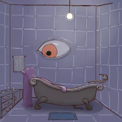 Size: 2400x2400 | Tagged: artist:synthesisgraypie, bath, bathtub, claw foot bathtub, creepy, derpibooru import, eye, eyes closed, genius loci, lightbulb, nightmare fuel, on back, pinkamena diane pie, pinkie pie, poltergeist, safe, surreal, watching