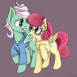 Size: 1024x1024 | Tagged: safe, artist:optimisticpony, derpibooru import, gentle breeze, posey shy, flutter brutter, clothes, cute, female, folded wings, full body, glasses, heart eyes, height difference, husband and wife, looking at each other, male, raised hoof, shys, simple background, smiling, watermark, wingding eyes