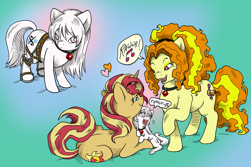 Size: 1200x798 | Tagged: safe, artist:kaemantis, deleted from derpibooru, derpibooru import, adagio dazzle, sunset shimmer, oc, oc:snowshine, pony, unicorn, adopted offspring, adoragio, albino, cute, female, heart, hnnng, hoof braces, leg brace, lesbian, ocbetes, parent:adagio dazzle, parent:sunset shimmer, parents:sunsagio, rawr, sharp teeth, shimmerbetes, shipping, sunsagio