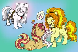 Size: 1200x798 | Tagged: safe, artist:kaemantis, deleted from derpibooru, derpibooru import, adagio dazzle, sunset shimmer, oc, oc:snowshine, pony, unicorn, adopted offspring, adoragio, albino, cute, female, heart, hnnng, hoof braces, leg brace, lesbian, ocbetes, parent:adagio dazzle, parent:sunset shimmer, parents:sunsagio, rawr, sharp teeth, shimmerbetes, shipping, sunsagio