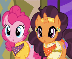 Size: 592x482 | Tagged: safe, derpibooru import, screencap, pinkie pie, saffron masala, earth pony, pony, spice up your life, :o, cute, diapinkes, discovery family logo, ear piercing, earring, female, jewelry, mare, open mouth, piercing, saffronbetes