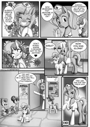 Size: 2093x2950 | Tagged: artist:anibaruthecat, comic, comic:cutiemark check-up, derpibooru import, dialogue, explicit source, filly guides, filly scouts, heart, monochrome, nurse outfit, oc, oc:cobalt, oc:serenity, rumble, scout, scout uniform, smiling, speech bubble, suggestive, sweetie belle, sweetie belle is not amused, tag-a-long, unamused, underhoof