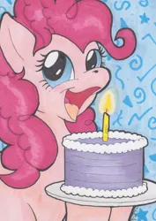 Size: 680x960 | Tagged: safe, artist:michael thompson, derpibooru import, pinkie pie, pony, cake, candle, female, food, mare, solo, traditional art