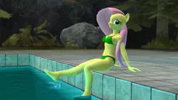 Size: 1600x900 | Tagged: 3d, anthro, artist:thedirectorlols, barefoot, bikini, clothes, derpibooru import, feet, fluttershy, gmod, kick, looking at you, plantigrade anthro, ripple, rock, safe, sexy, solo, swimming pool, swimsuit, tree