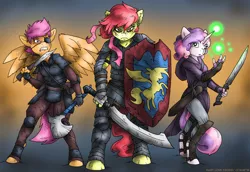 Size: 1800x1237 | Tagged: anthro, apple bloom, armor, artist:kaemantis, axe, badass, clothes, cutie mark crusaders, dagger, derpibooru import, eyepatch, fanfic, fanfic art, fanfic:equestria liberation front, looking at you, magic, open mouth, safe, scootaloo, shield, sweetie belle, sword, trio, unguligrade anthro