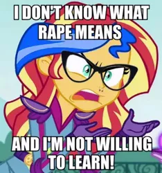 Size: 468x500 | Tagged: grimdark, derpibooru import, edit, sunset shimmer, equestria girls, exploitable meme, feminism, image macro, meme, piercing, rape, sex, social justice warrior, sunset is not willing to learn, this will end in rape